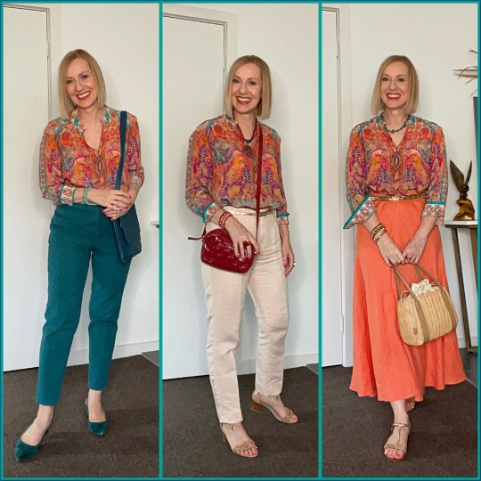 A women wears three different outfits using one patterned blouse. She created the outfits using clothes she already had in her wardrobe.