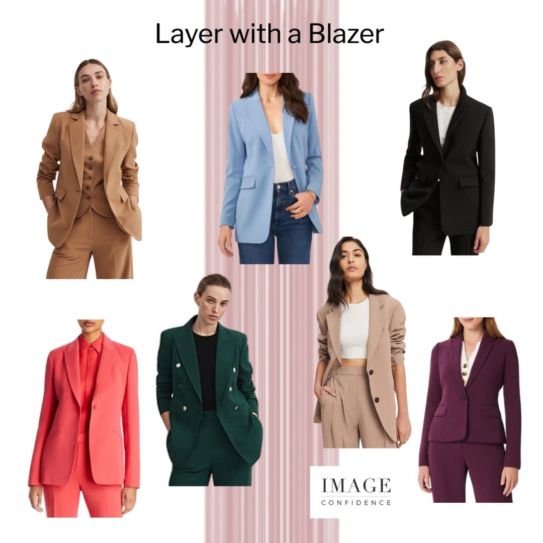 Seven female models are wearing beautiful blazers in different colours.