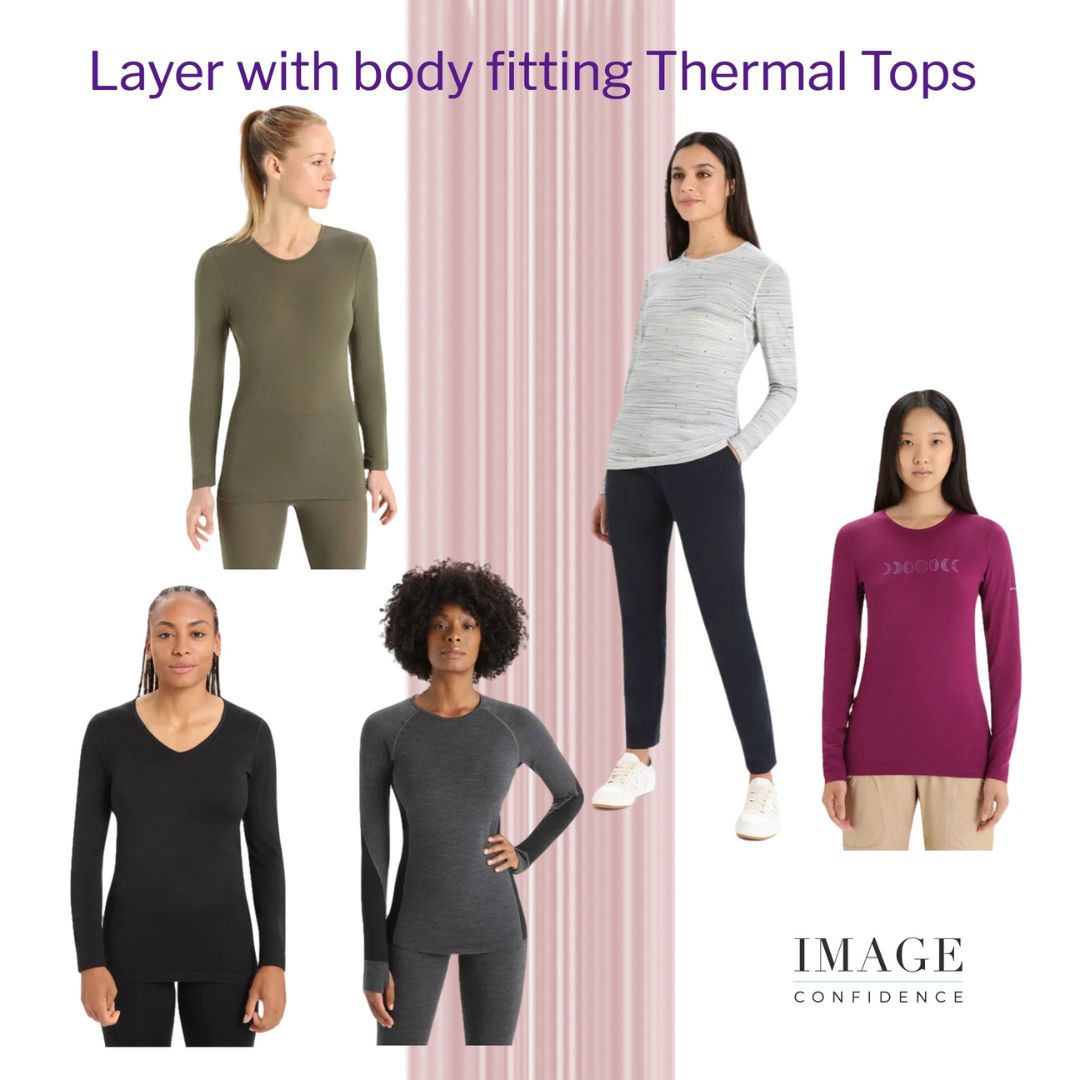 Five female models wear warm thermal tops in different colours.
