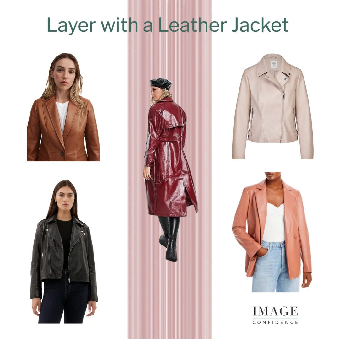 Five leather jackets suitable for women. The colours are tan, black, maroon, off-white and apricot.