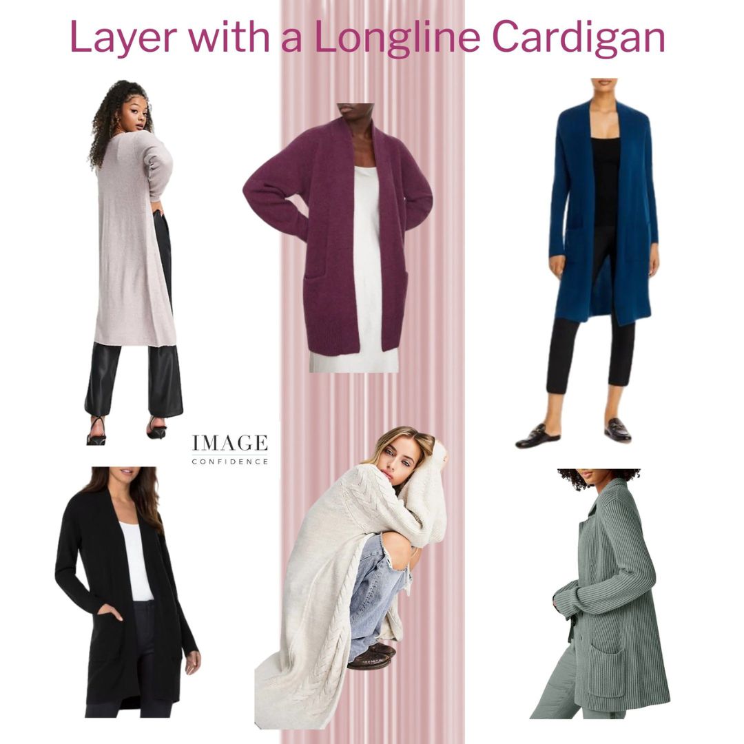 Six women wear cosy longline cardigans in a range of colours.