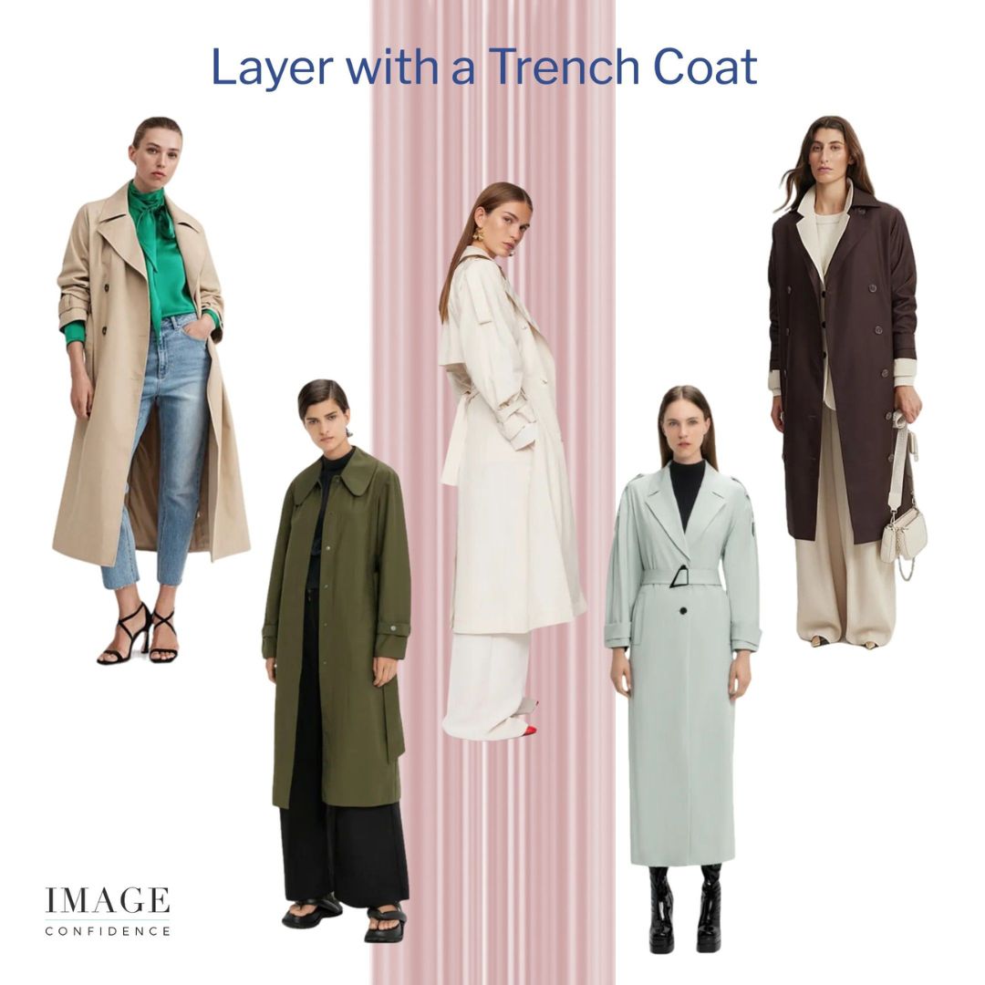 Five women wear a variety of stylish trench coats for Autumn and Winter.