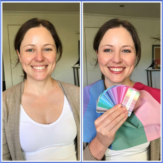 Two photos of the same woman. The photo on the left shows her in a white top with no makeup. In the photo on the right, she is draped with colours that flatter her complexion. She is also wearing flattering makeup colours. 