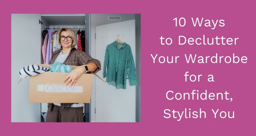 A person is holding a box labelled 'donations'. She is smiling because she has just decluttered her wardrobe.