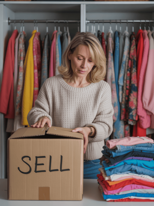 A woman stands behind of a box labelled 'Sell'. Colourful clothes are folded in a pile nearby. These are items she has just decluttered from her wardrobe.