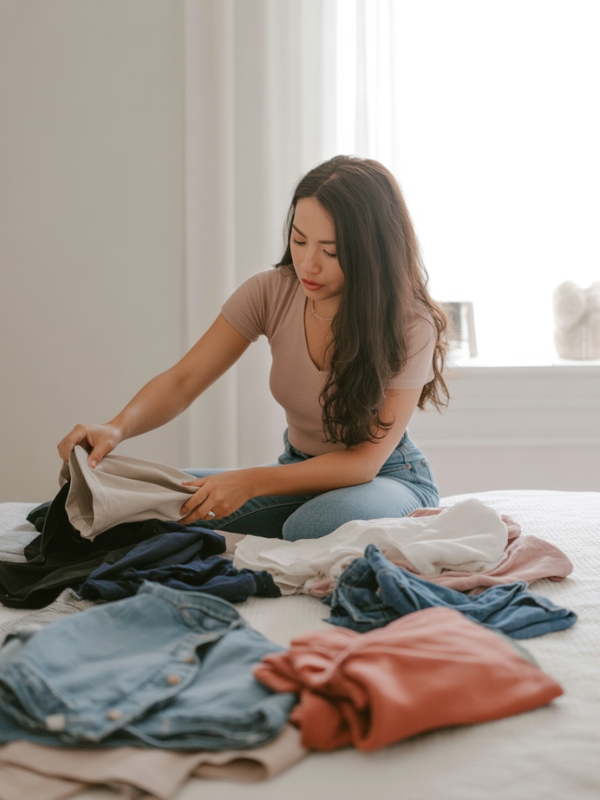 Woman sorting her clothes on her bed using one of the ten wardrobe declutter ideas.